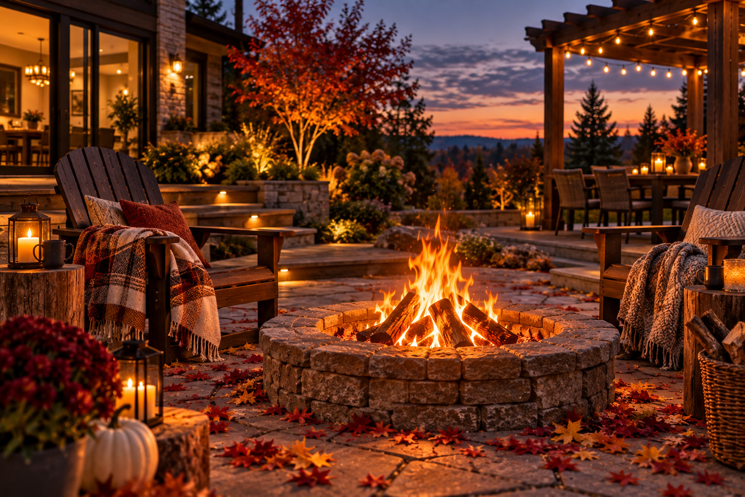 Wood-burning fire pit glowing orange on a stone patio surrounded by fallen autumn leaves at dusk