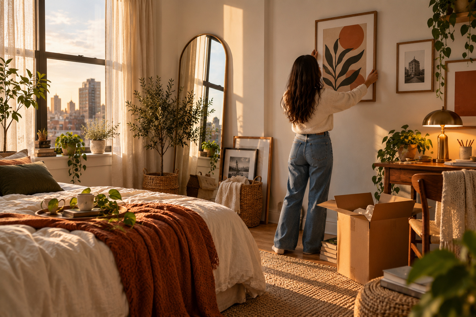A first-apartment bedroom mid-decorating in soft afternoon light, with a person adjusting a framed print on a bare wall beside a half-unpacked moving box and a thrifted lamp on a small desk