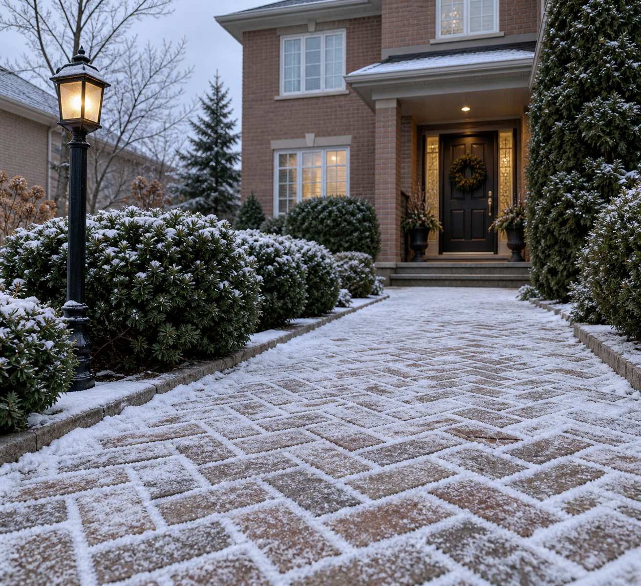 Frost-smart interlocking paver walkway dusted with snow in an Ontario front yard