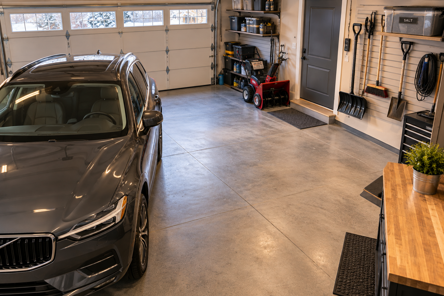 Garage interior with a car parked and a clear walking route to the wall-mounted shovel, with the snowblower positioned clear of the exit path