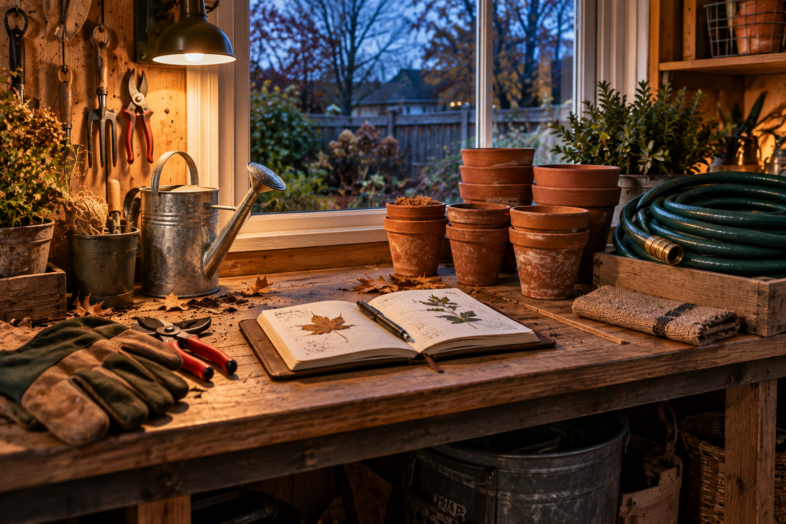 Garden journal and stored terracotta pots ready for winter