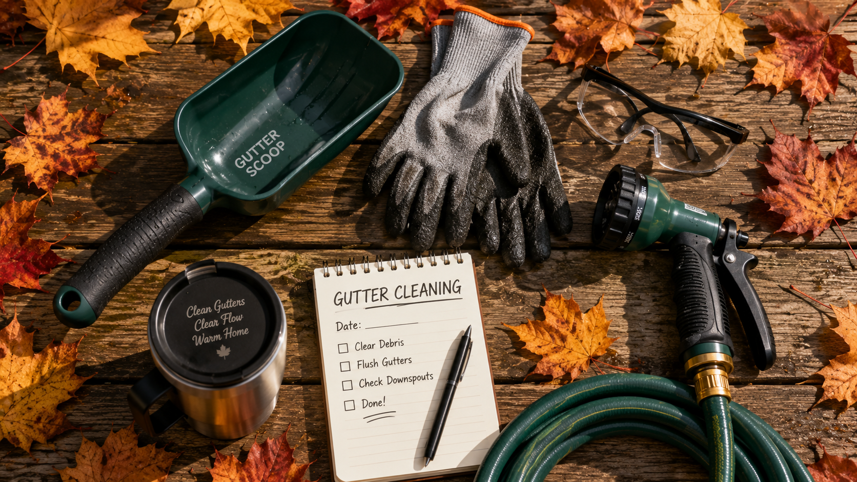 Gutter scoop, gloves, safety glasses, hose, and notepad arranged on a porch step