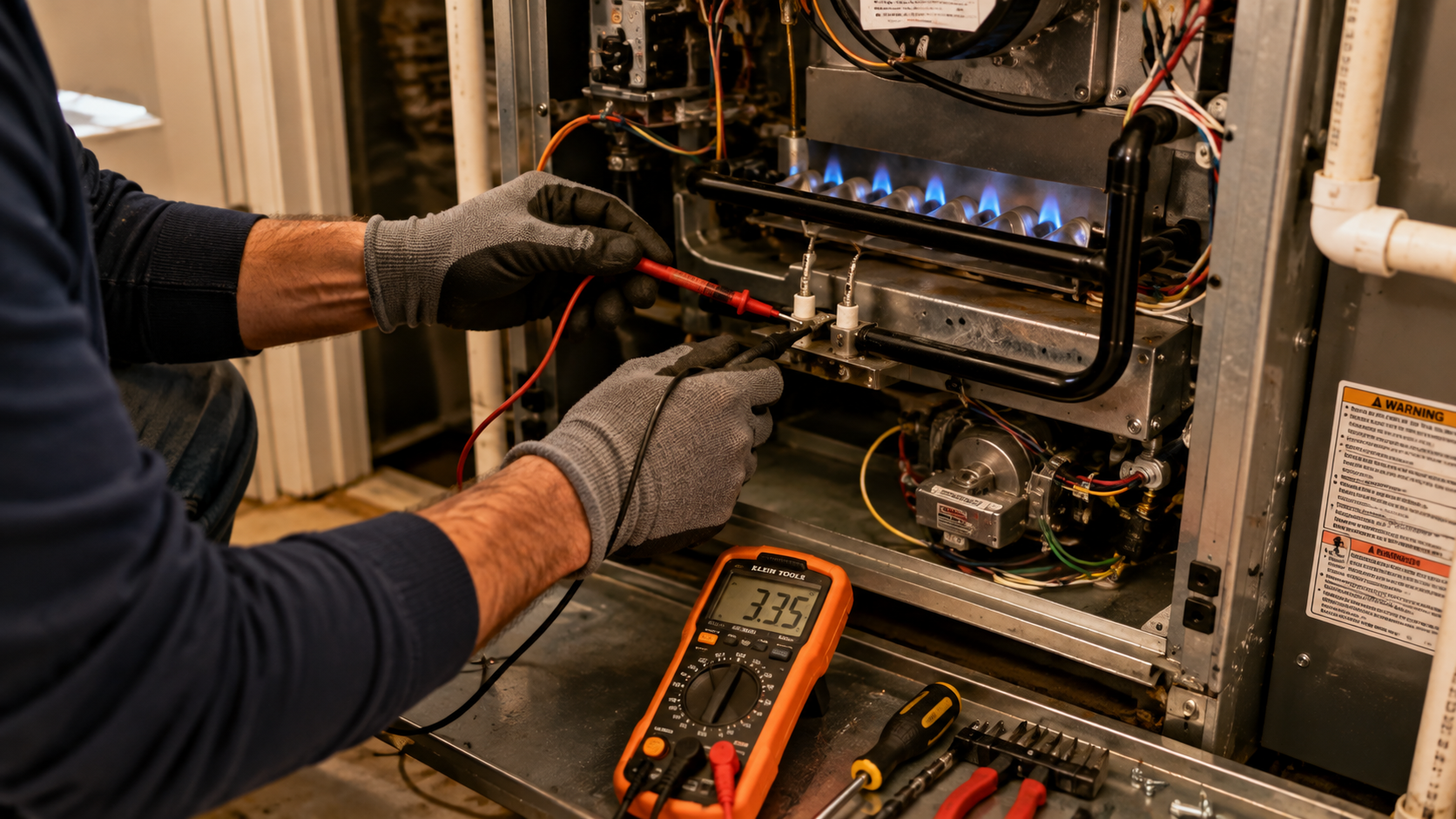 Licensed HVAC technician using a multimeter to test a furnace flame sensor during an annual inspection