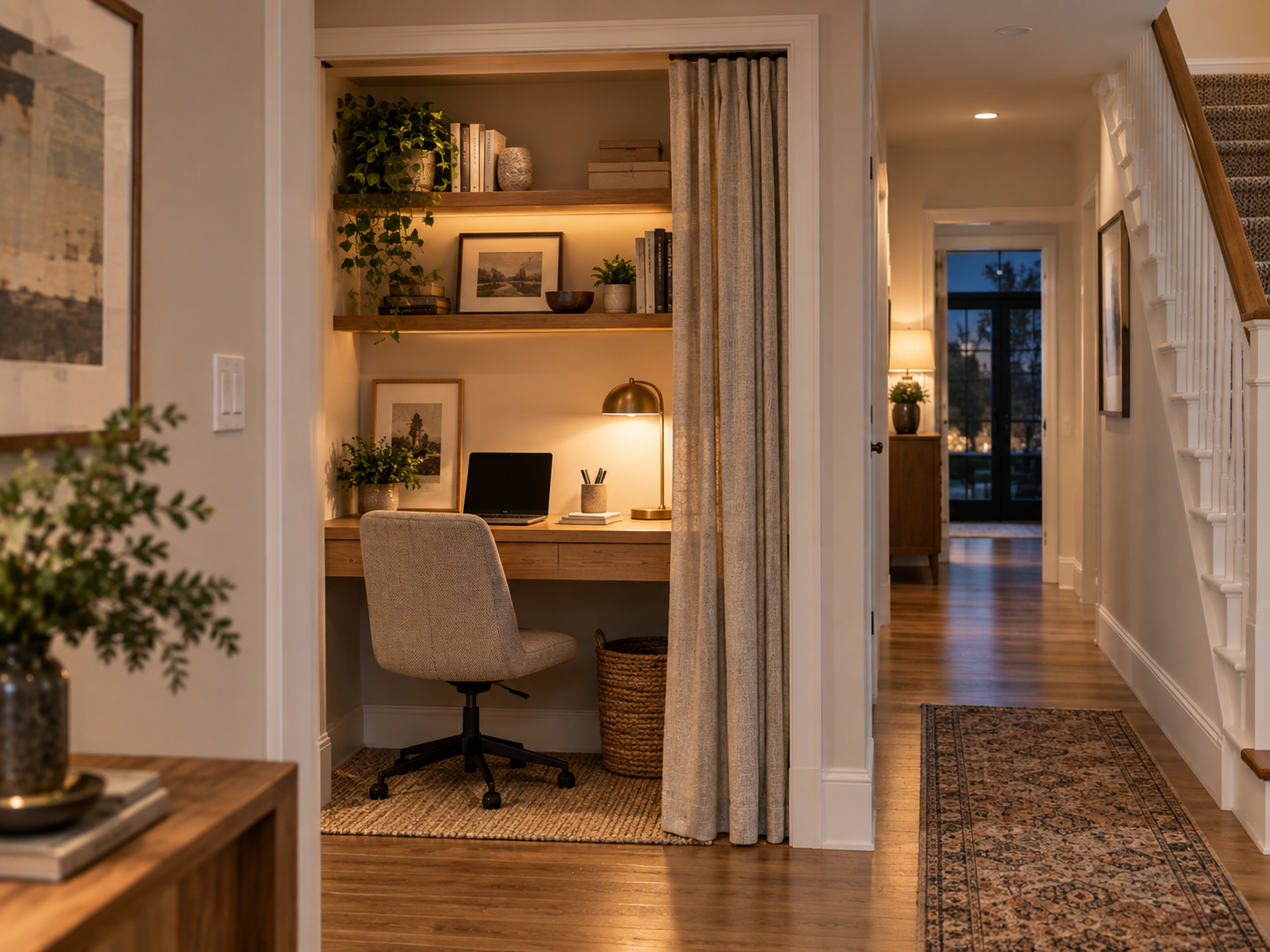 Finished home office nook built into a closet, seen from the hallway at evening with warm lamp light