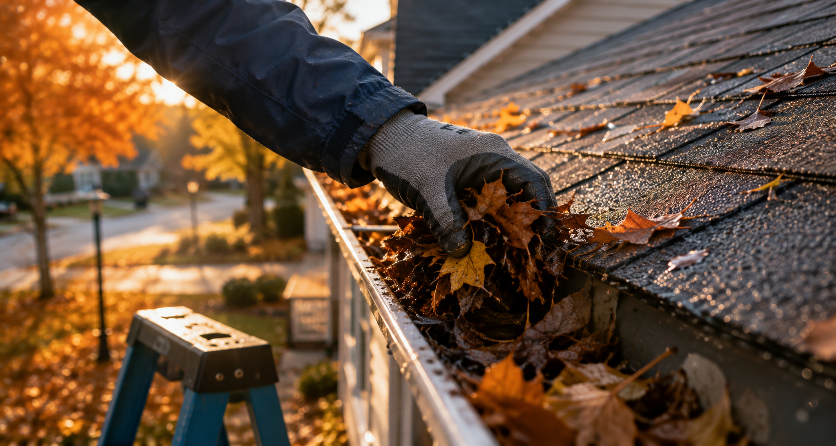 Homeowner on a ladder cleaning gutters filled with fall leaves on a two-storey home