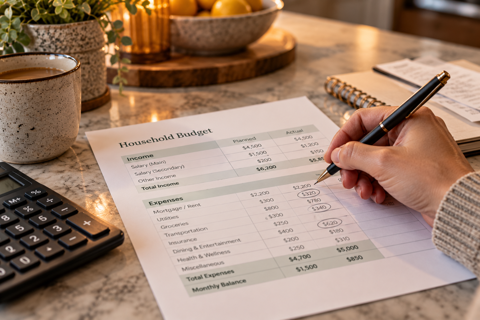 Household budget worksheet illustrating Canadian household income and spending pressures