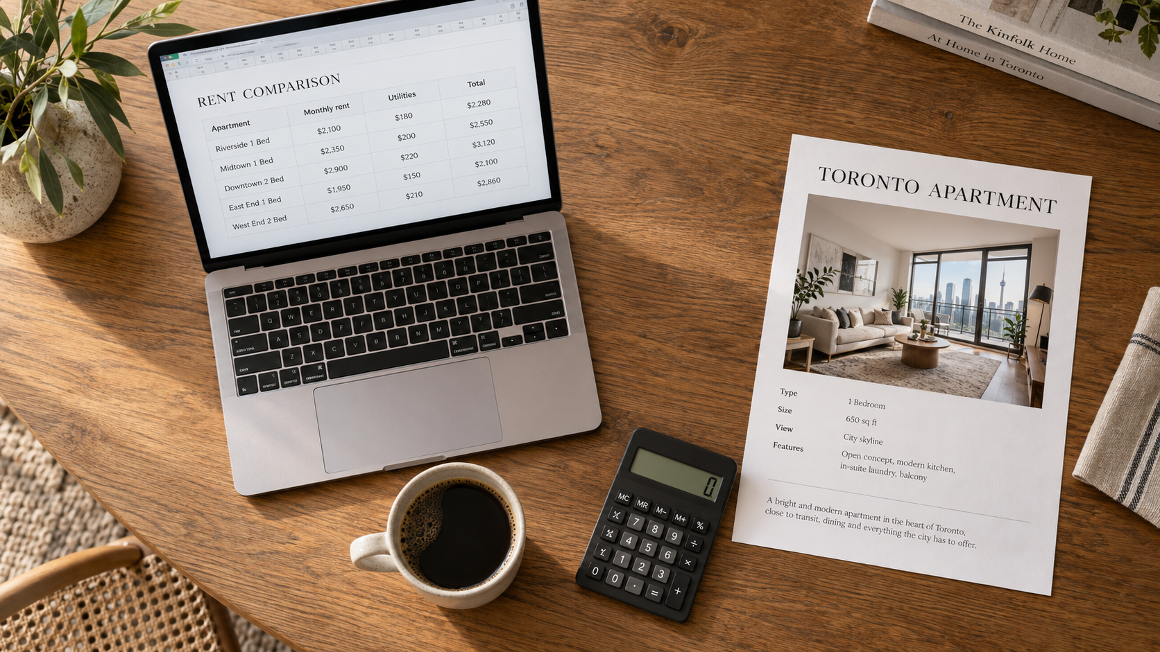 Laptop displaying a rent comparison spreadsheet beside a calculator, coffee and Toronto apartment listing.