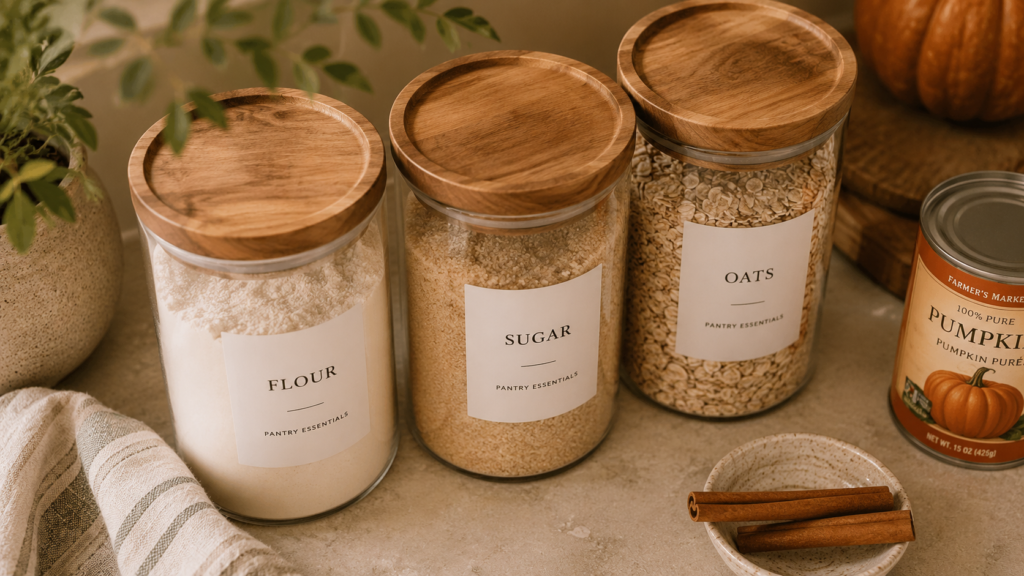 Labeled glass canisters of flour, sugar, and oats on a pantry shelf