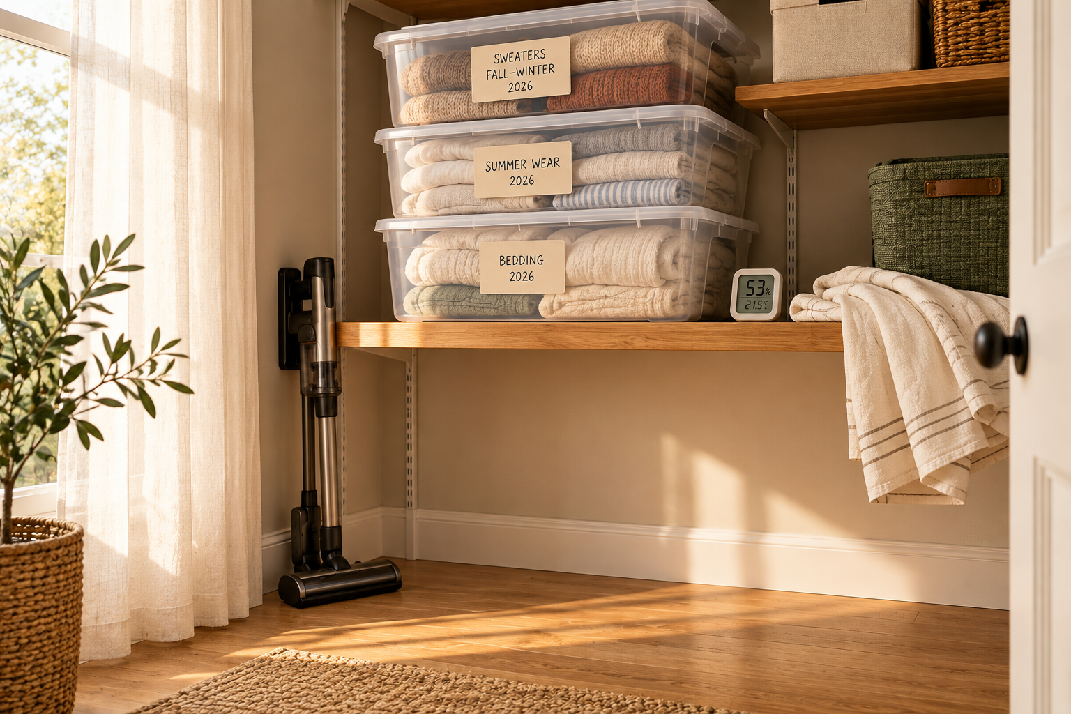 Labelled clear storage totes stacked on a raised closet shelf beside a small hygrometer