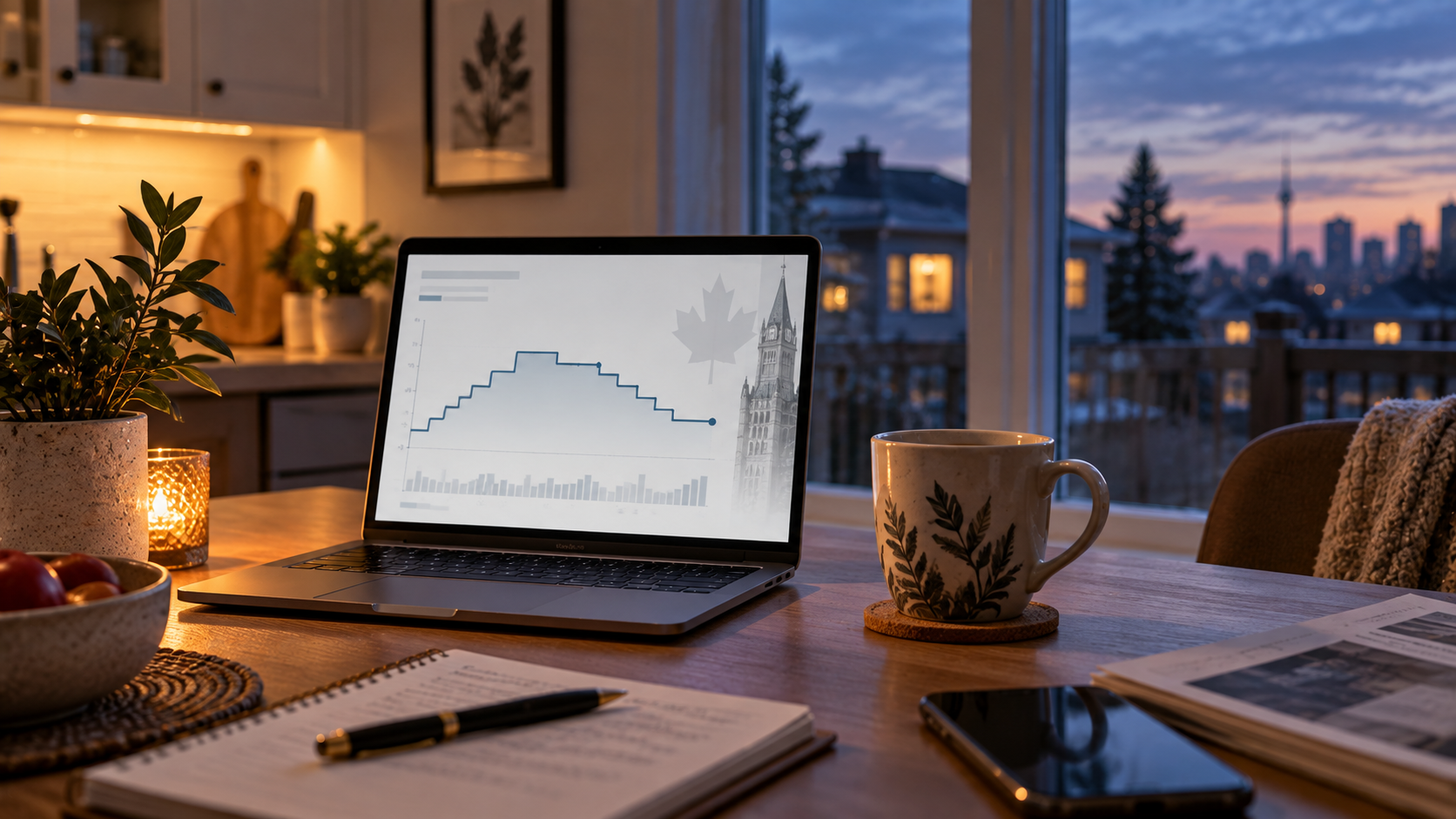 Laptop showing a bank rate chart on a kitchen table at dusk, mug of tea beside it