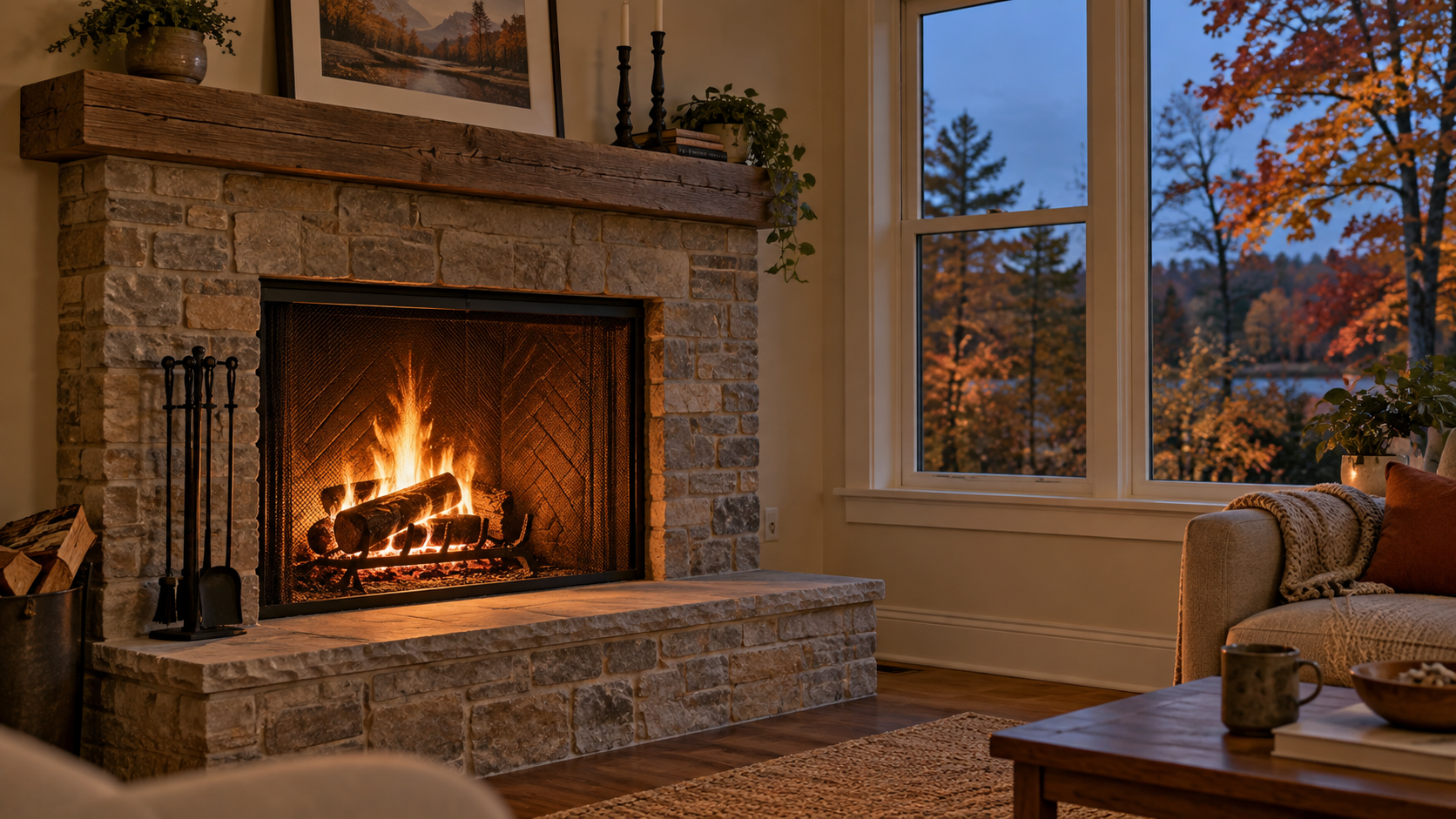 Wood-burning fireplace glowing warm in a living room with autumn leaves visible through the window