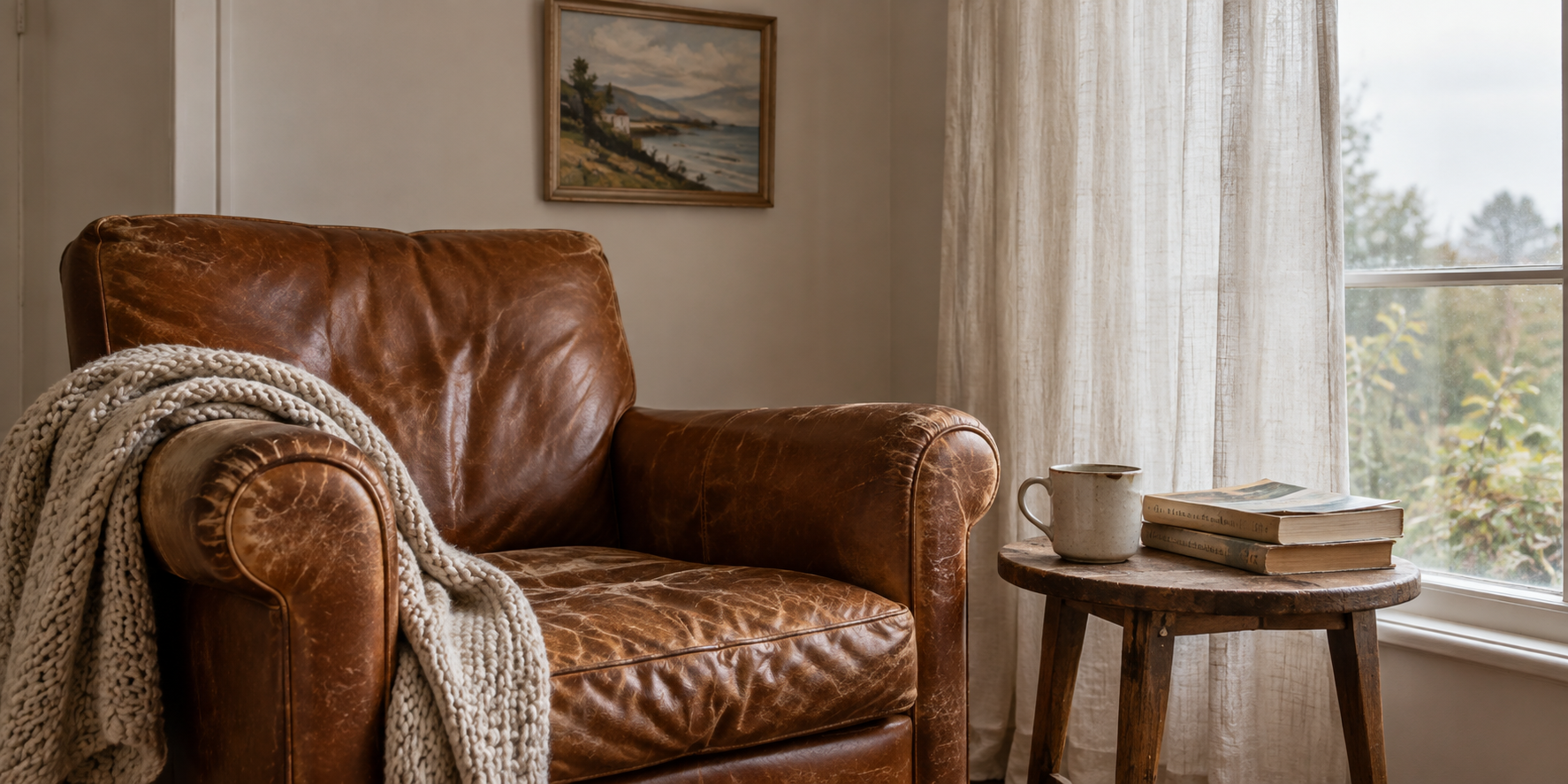 Lived-in reading corner with a worn leather armchair, chipped ceramic mug and stacked paperbacks