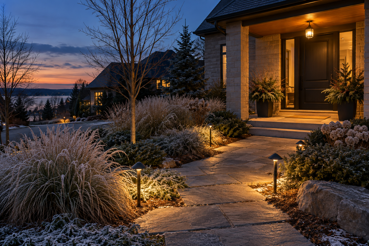 Low-voltage path lighting along a finished winter hardscape at dusk in Ontario