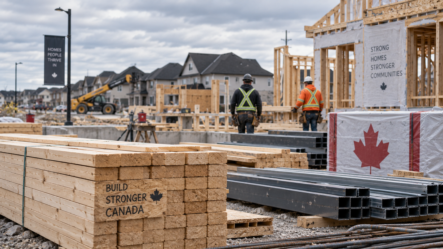 Stacked lumber and steel framing at a Canadian home construction site