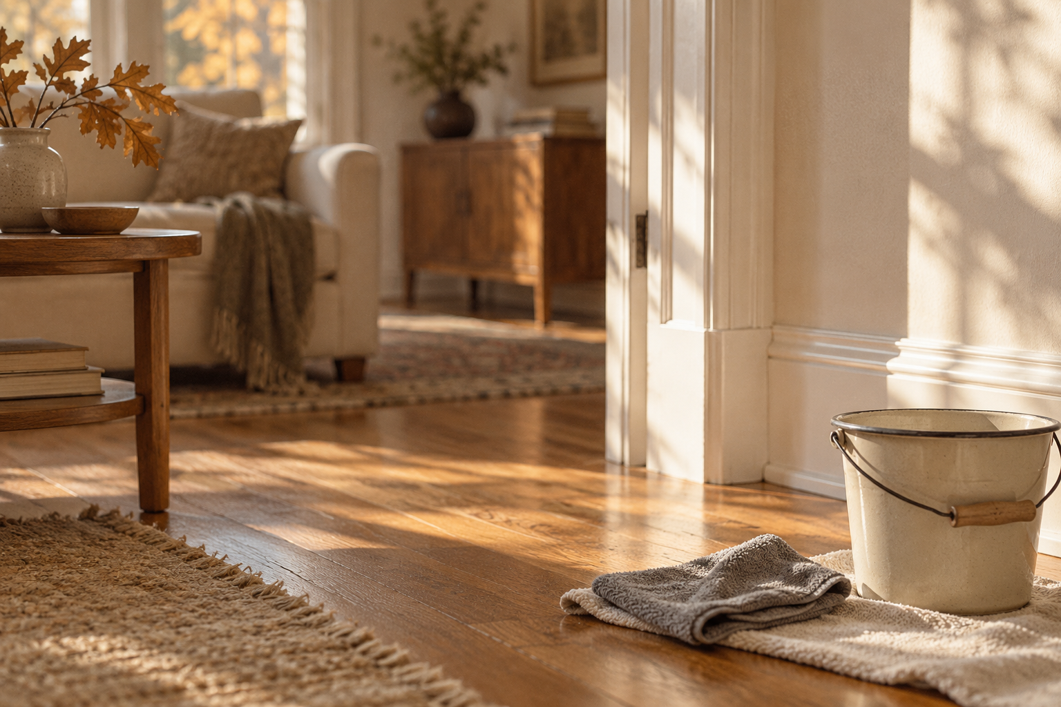 Morning light across a freshly cleaned white baseboard and door casing in a living room