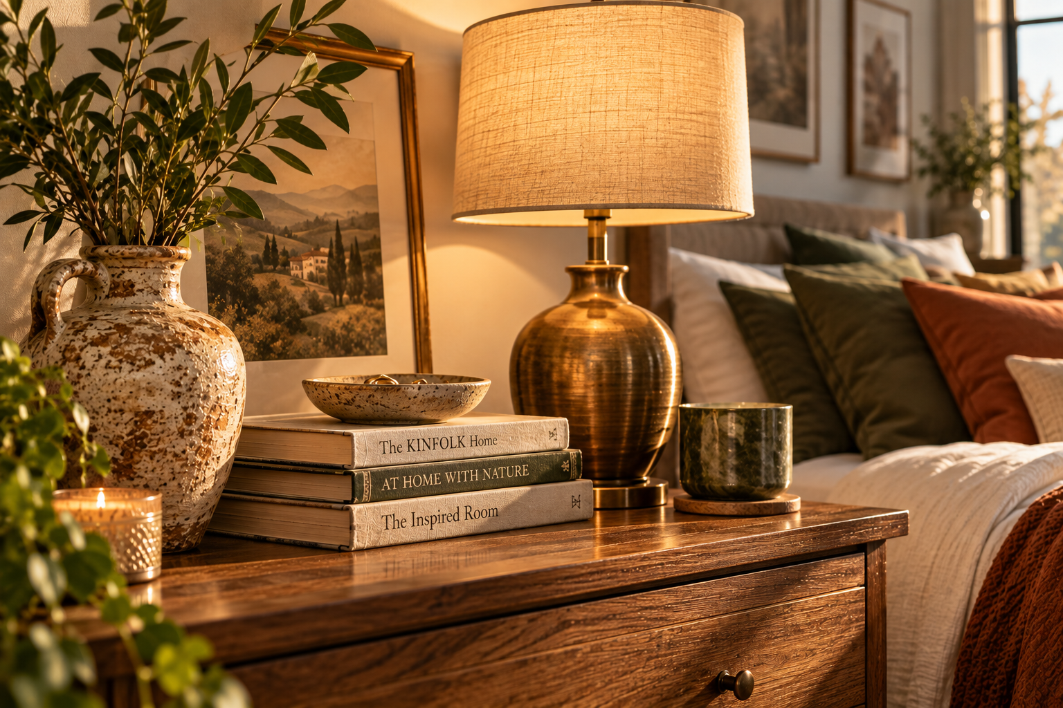 A close detail of a nightstand mixing a vintage ceramic heirloom piece with a thrifted lamp and a short stack of well-worn paperbacks, lit with warm side lighting