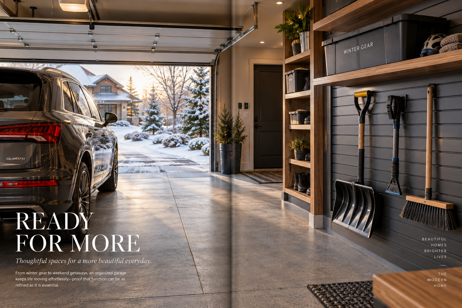 Organized two-car garage with a car parked and a shovel, scraper, and labelled salt tote mounted within reach on the wall