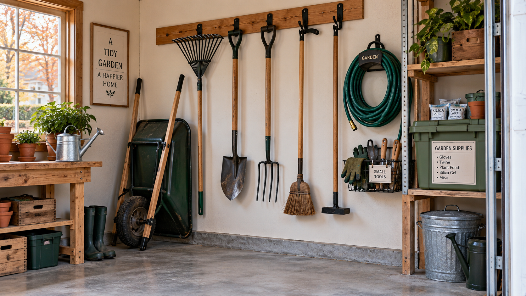 Garden tools, a coiled hose, and a labeled storage bin arranged neatly off the floor in a home garage