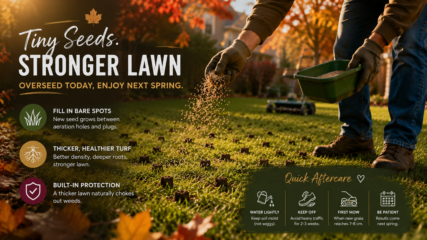 Homeowner spreading grass seed by hand over a freshly aerated lawn