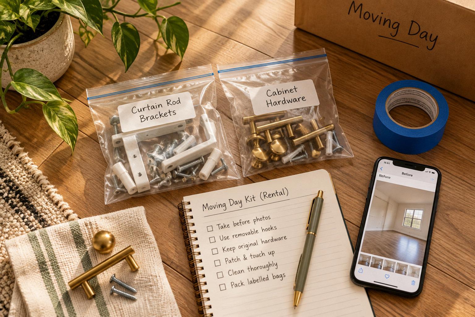 Moving-day kit with a labelled bag of original hardware and a notebook.