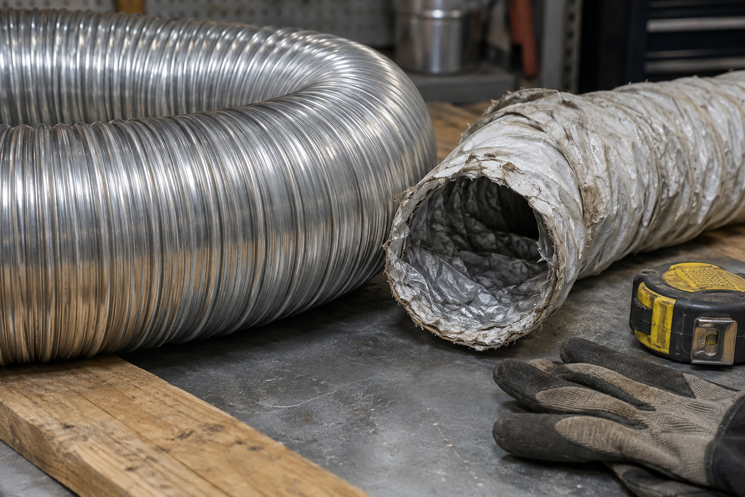 Rigid metal dryer duct shown next to a foil accordion duct for comparison