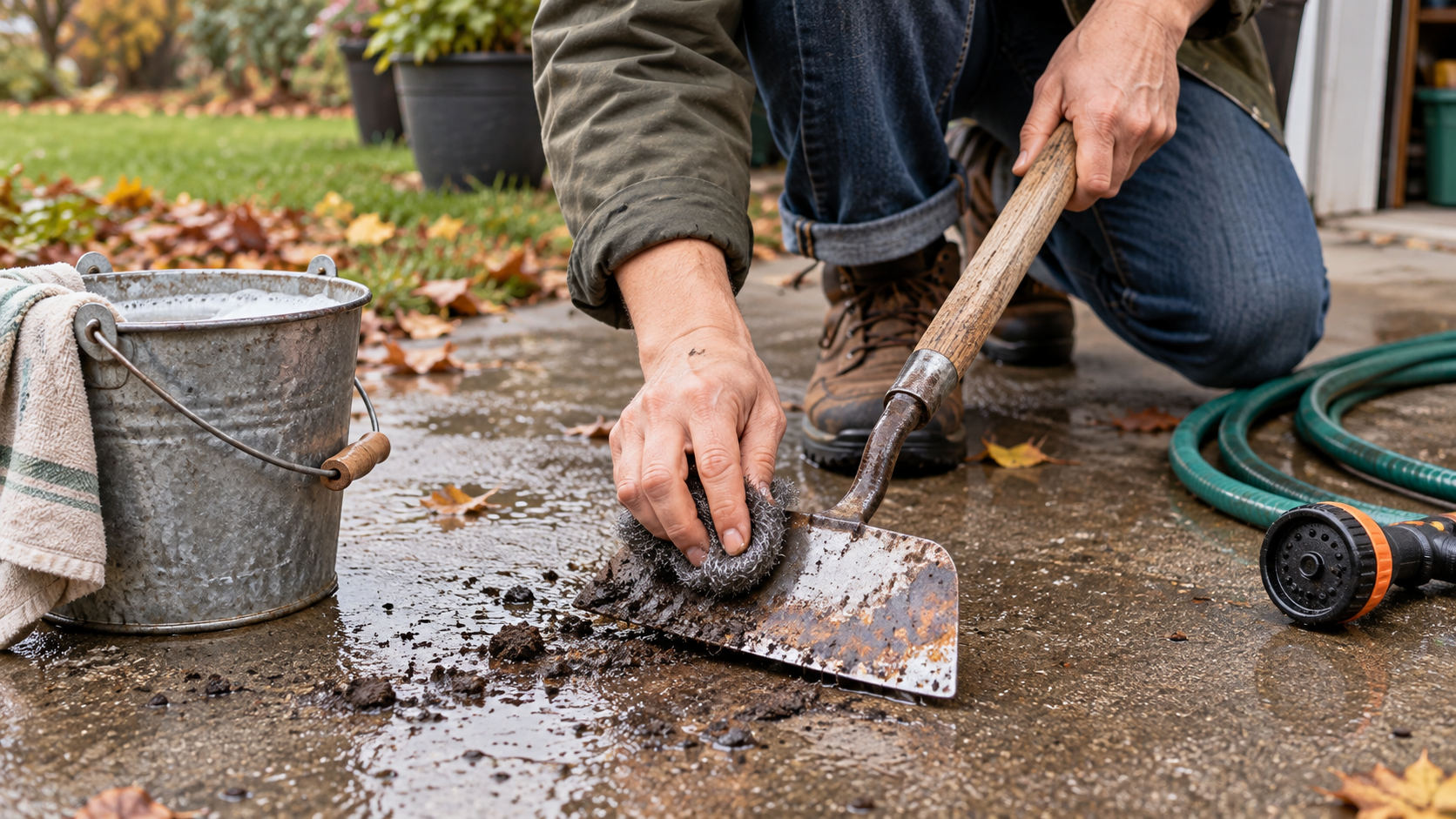 Hands using steel wool to scrub rust and dried soil off the metal head of a garden hoe outdoors