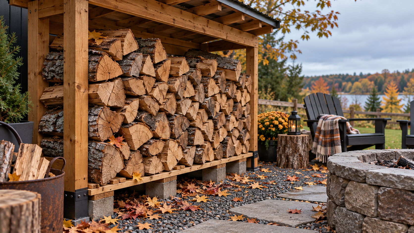 Split and stacked seasoned firewood under a lean-to roof beside a backyard fire pit