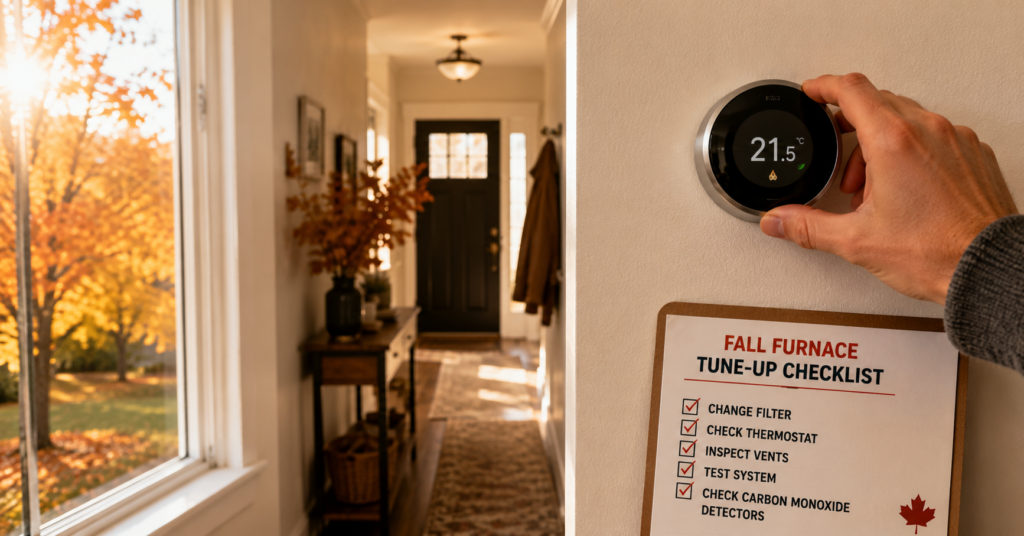 Homeowner adjusting a wall thermostat in a warmly lit hallway before the fall heating season
