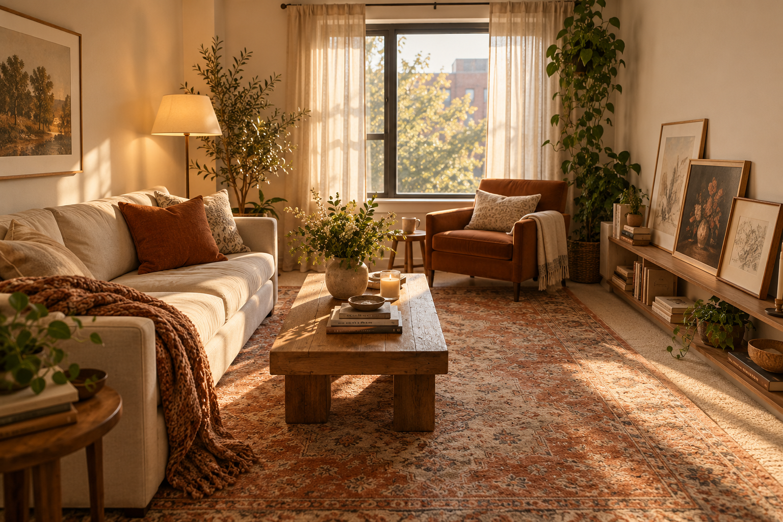 Small rental living room with layered textiles and warm lamp light.
