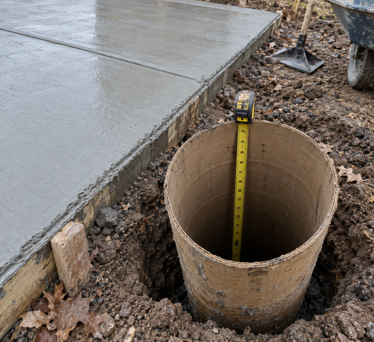 Sonotube footing depth check with a tape measure on a frost-protected Ontario driveway