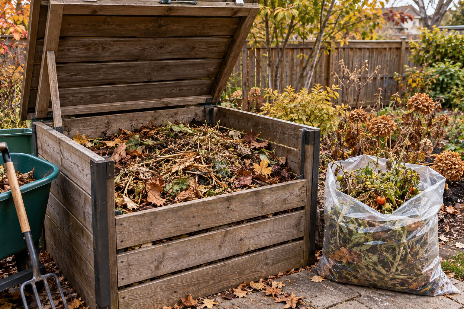 Sorting diseased tomato vines away from the backyard compost bin