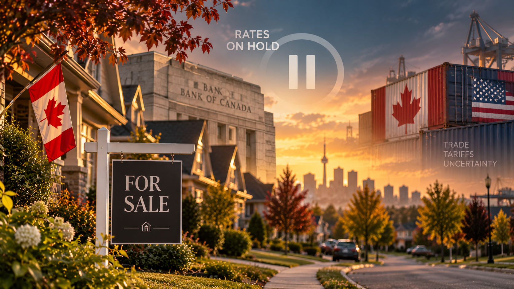 Canadian suburban street lined with detached homes and For Sale signs at golden hour