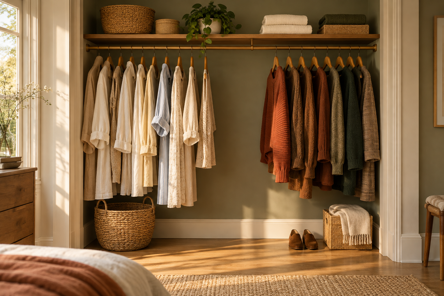 Bedroom closet rail with light summer linen on one side and rust and green autumn knits on the other