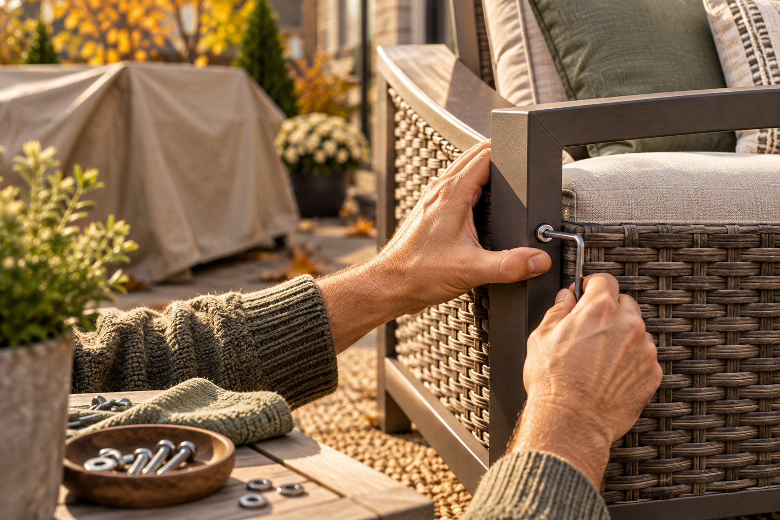 Tightening a bolt on an aluminum patio furniture frame before winter storage