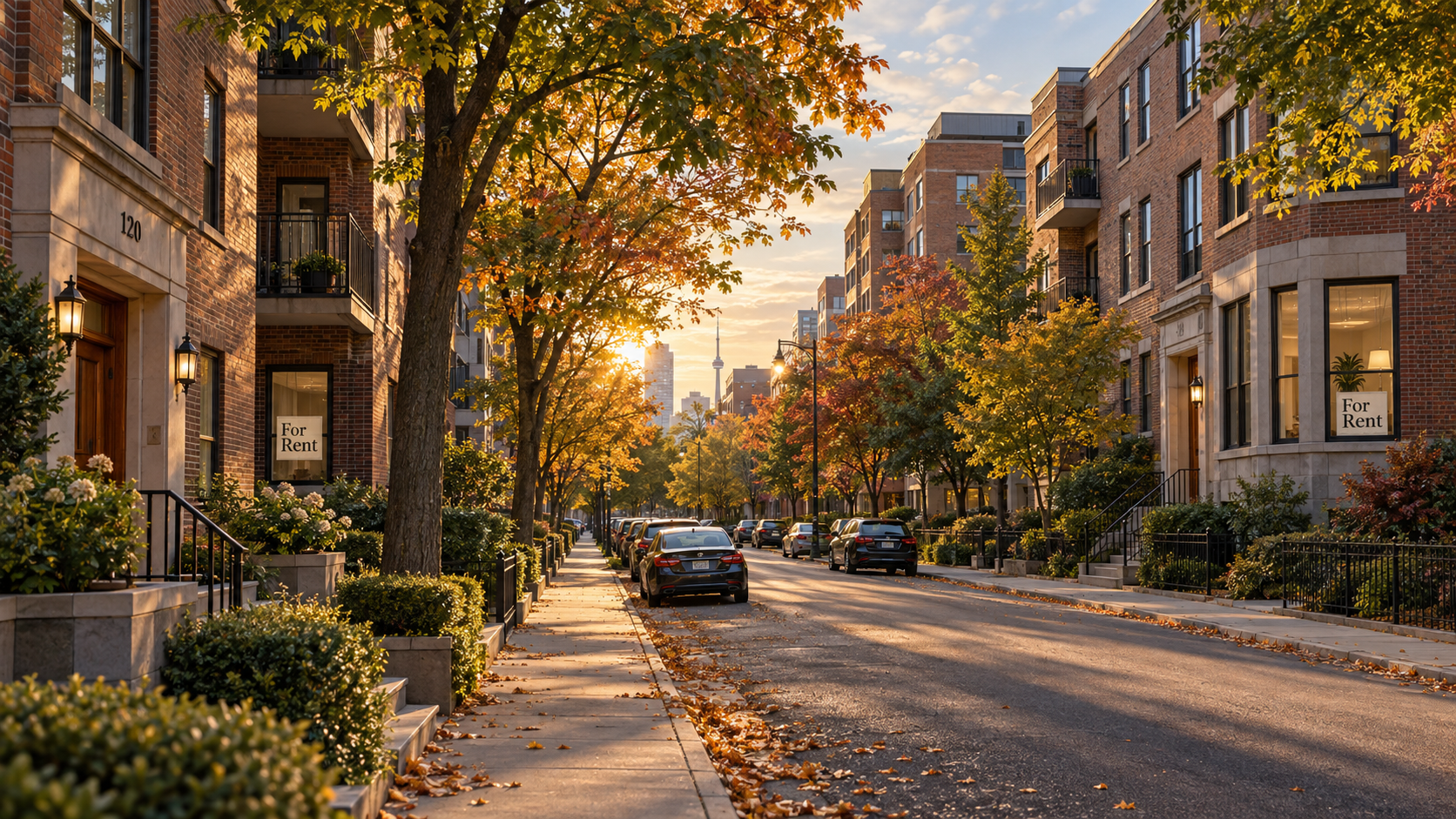 A quiet, tree-lined Toronto residential street at golden hour lined with mid-rise purpose-built apartment buildings, several visible "For Rent" signs in ground-floor windows, warm autumn light on brick facades