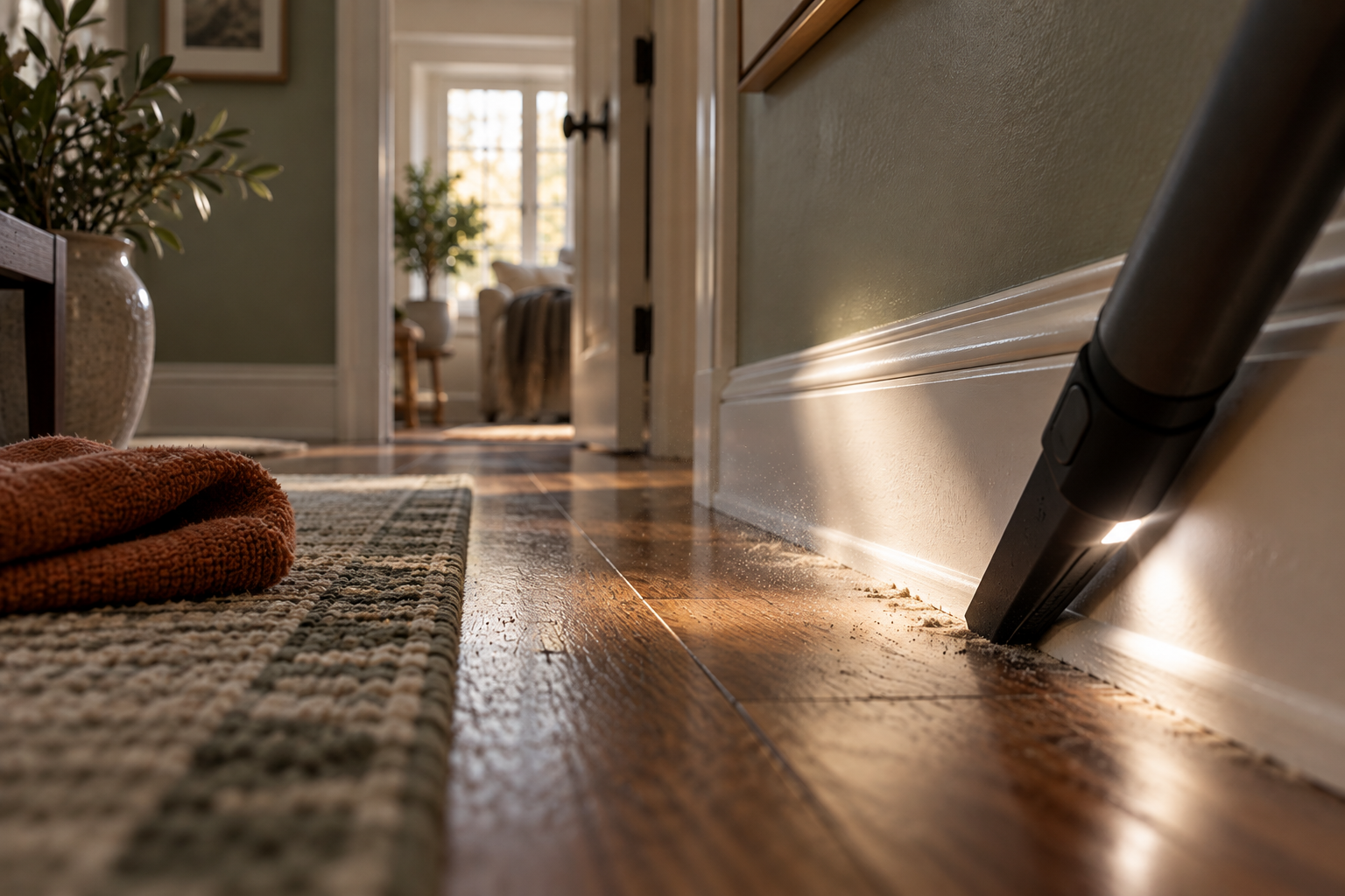 Vacuuming the seam where a painted baseboard meets the hardwood floor in a sunlit hallway