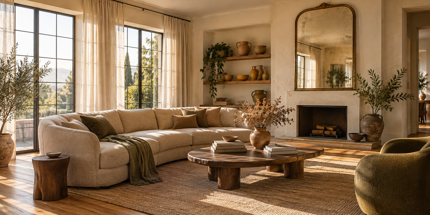 Warm, eclectic living room mixing a curved linen sofa, a vintage brass mirror and handmade ceramics in golden-hour light