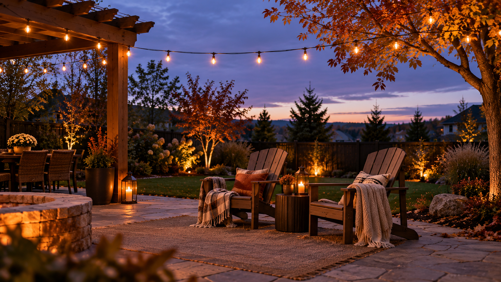 String lights glowing over an empty outdoor seating area with wool blankets on chairs at early evening