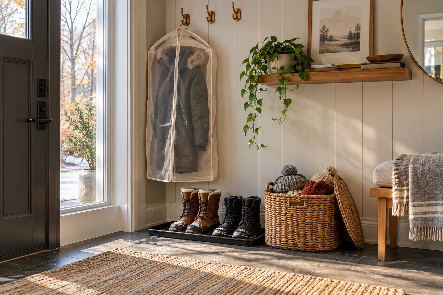 Entryway with salt-stained winter boots on a tray, a basket of mitts and toques, and a parka in a cotton bag