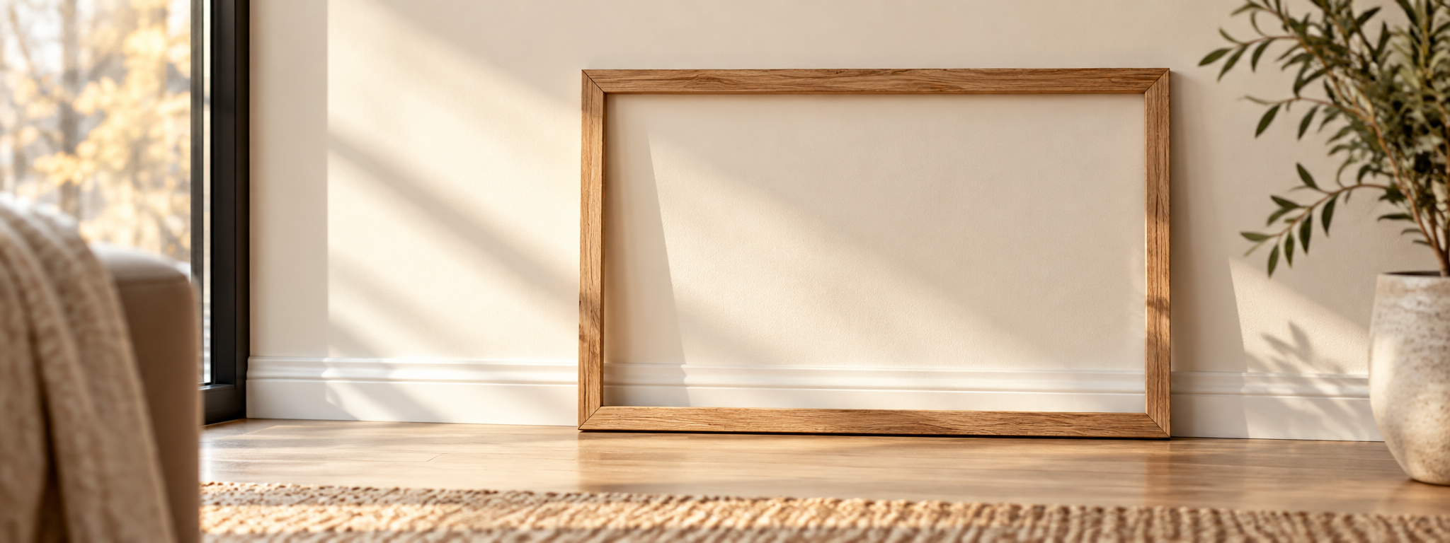 Blank picture frame leaning against a soft cream wall, empty space available