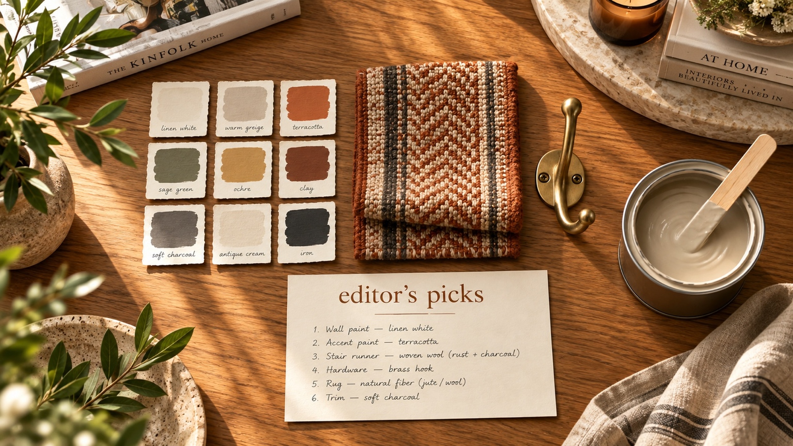 Overhead flat-lay of paint swatches, a stair-runner sample, a brass hook, and a handwritten editor's picks list
