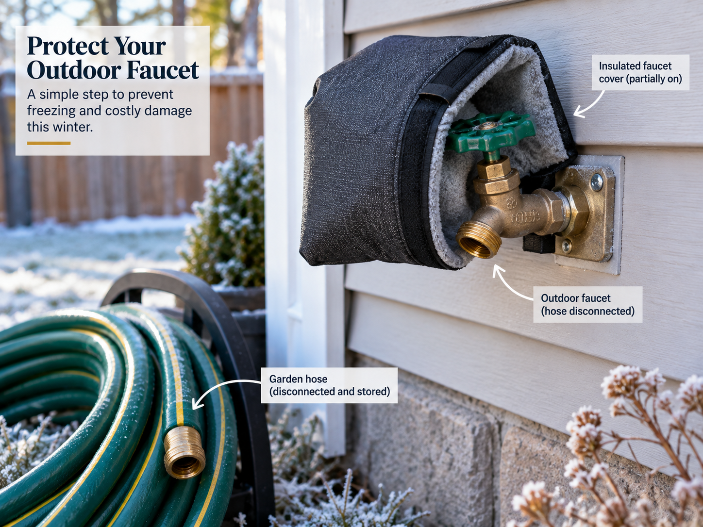 Exterior hose bib with the garden hose disconnected and an insulated faucet cover partially on