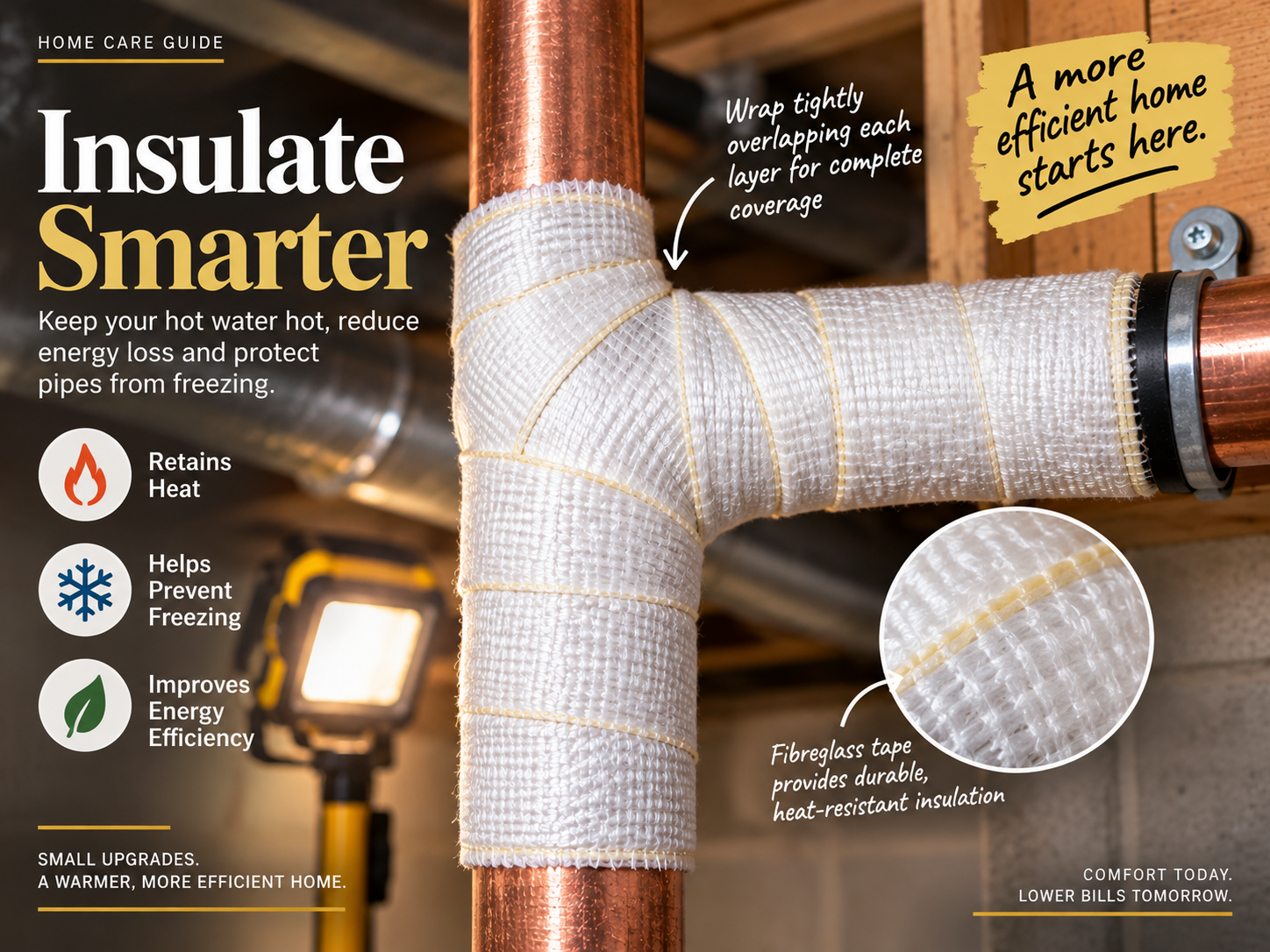 A pipe elbow joint wrapped neatly with fibreglass insulation tape