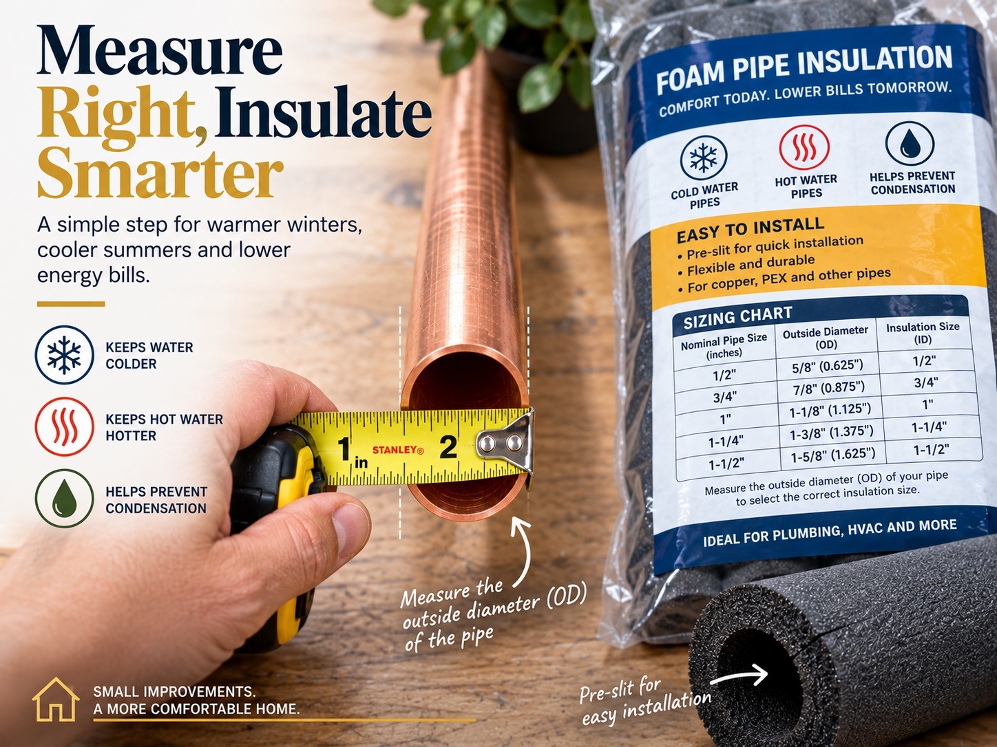 Foam pipe insulation sleeve sized against a copper pipe with a tape measure