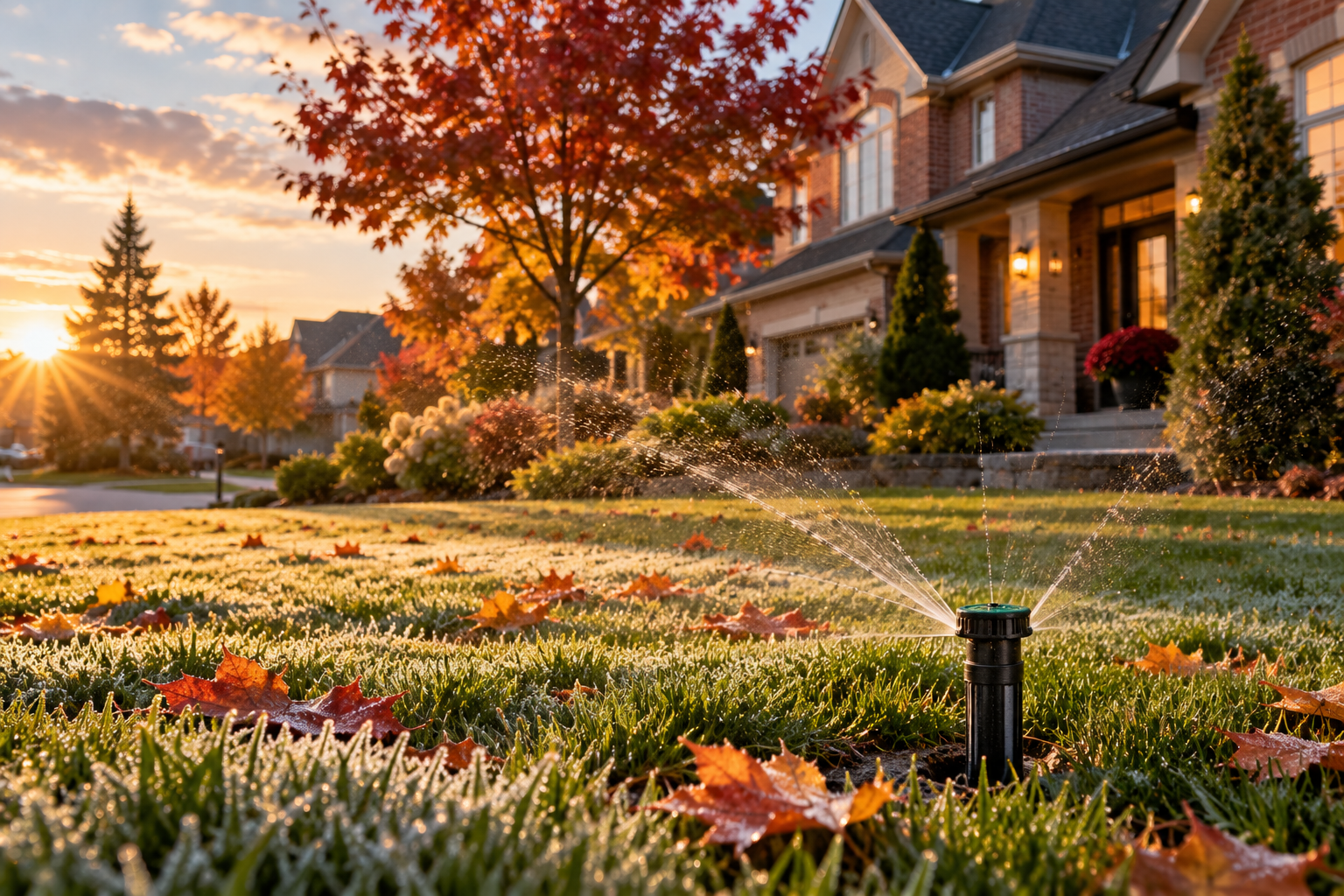 Sprinkler head on a frosty Ontario lawn at sunrise in early October