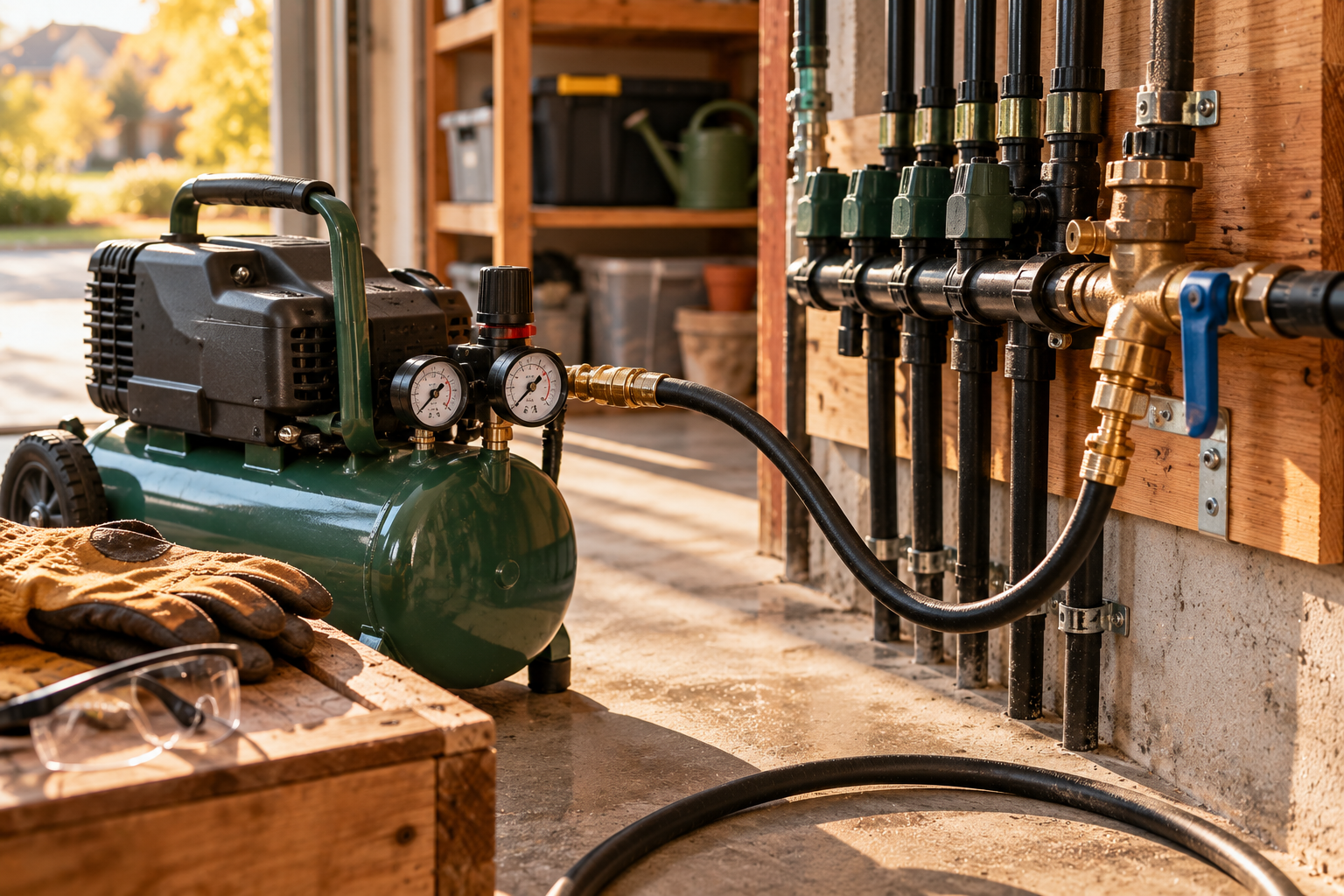 Air compressor with a pressure regulator connected to an irrigation blowout fitting
