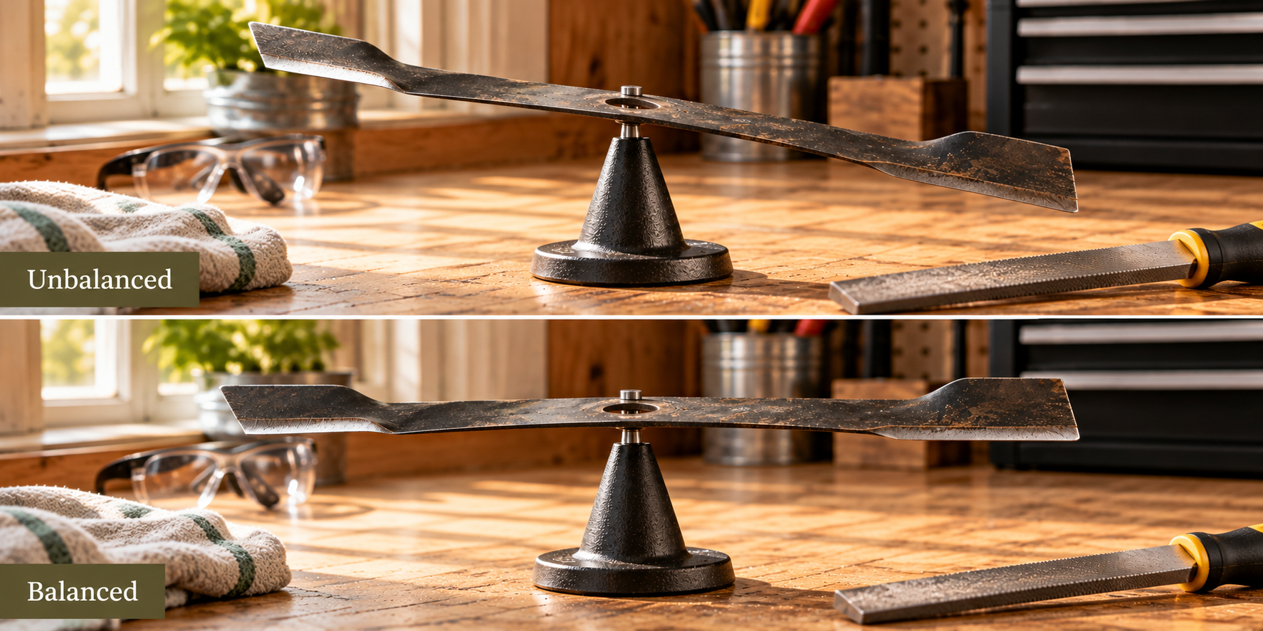 Balancing a mower blade after sharpening Lawn mower blade resting level on a cone-style balancer after sharpening