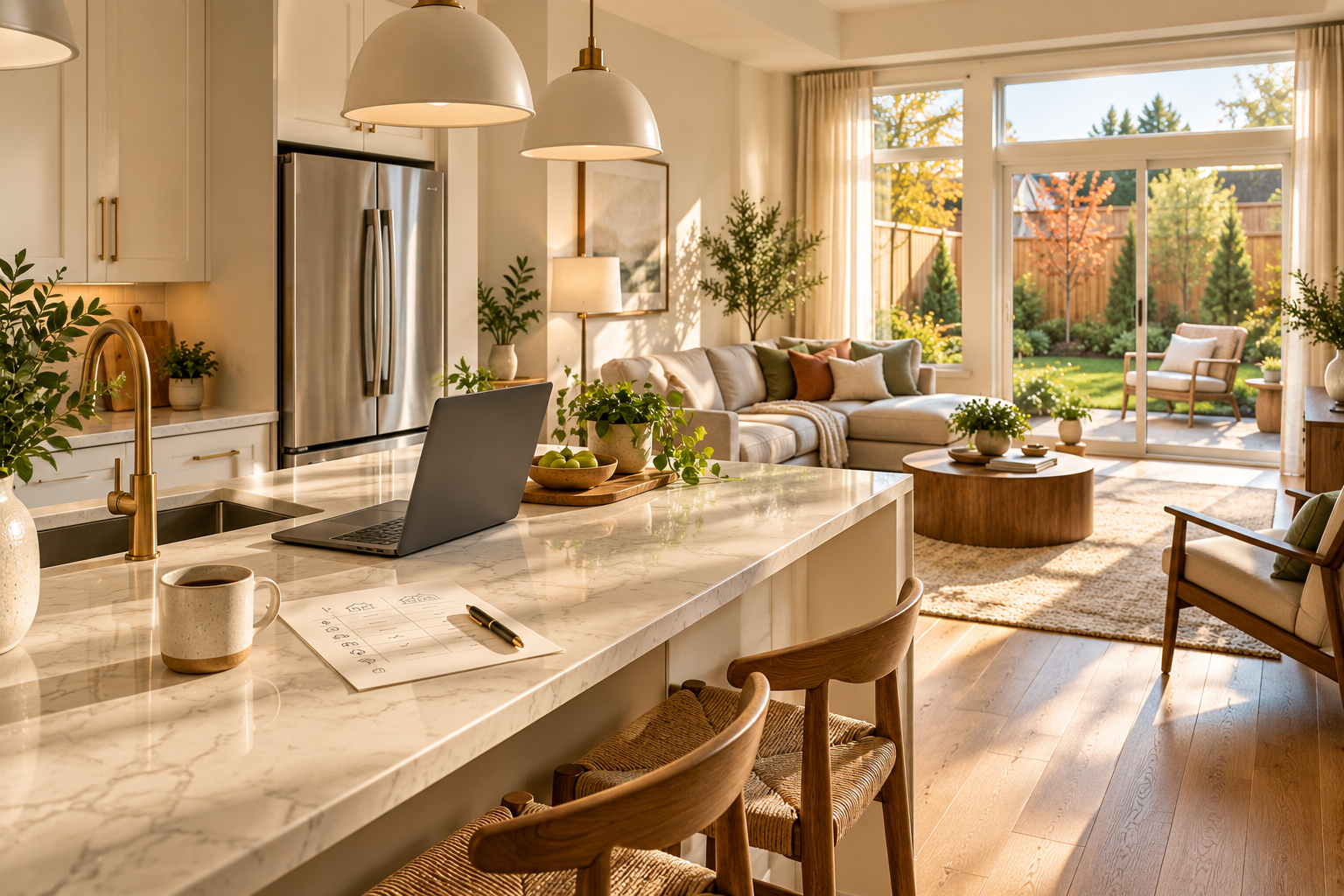 Sunlit open-plan kitchen and living room in a new townhouse, with a backyard patio and a laptop beside a checklist