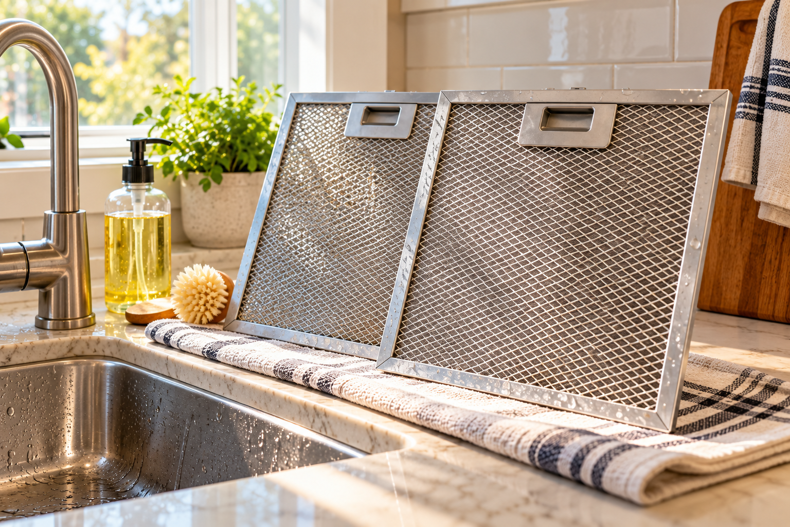 Clean Range Hood Filters Drying on a Towel Freshly cleaned range hood filters drying on a towel beside a sink with dish soap and a soft brush