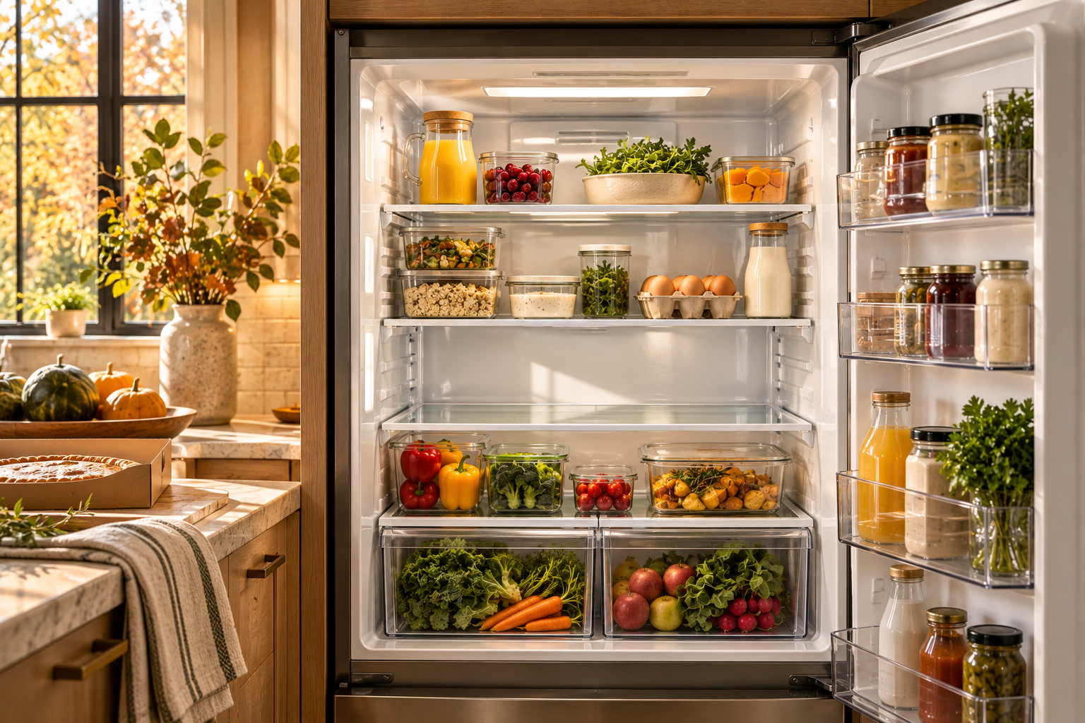 Clean refrigerator with one middle shelf left empty to make room for Thanksgiving groceries and leftovers